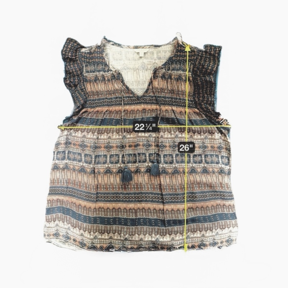 Lucky Brand Leah Flutter Ruffle Sleeve Top Gold Multi Color Women Abstract Large - Picture 4 of 5